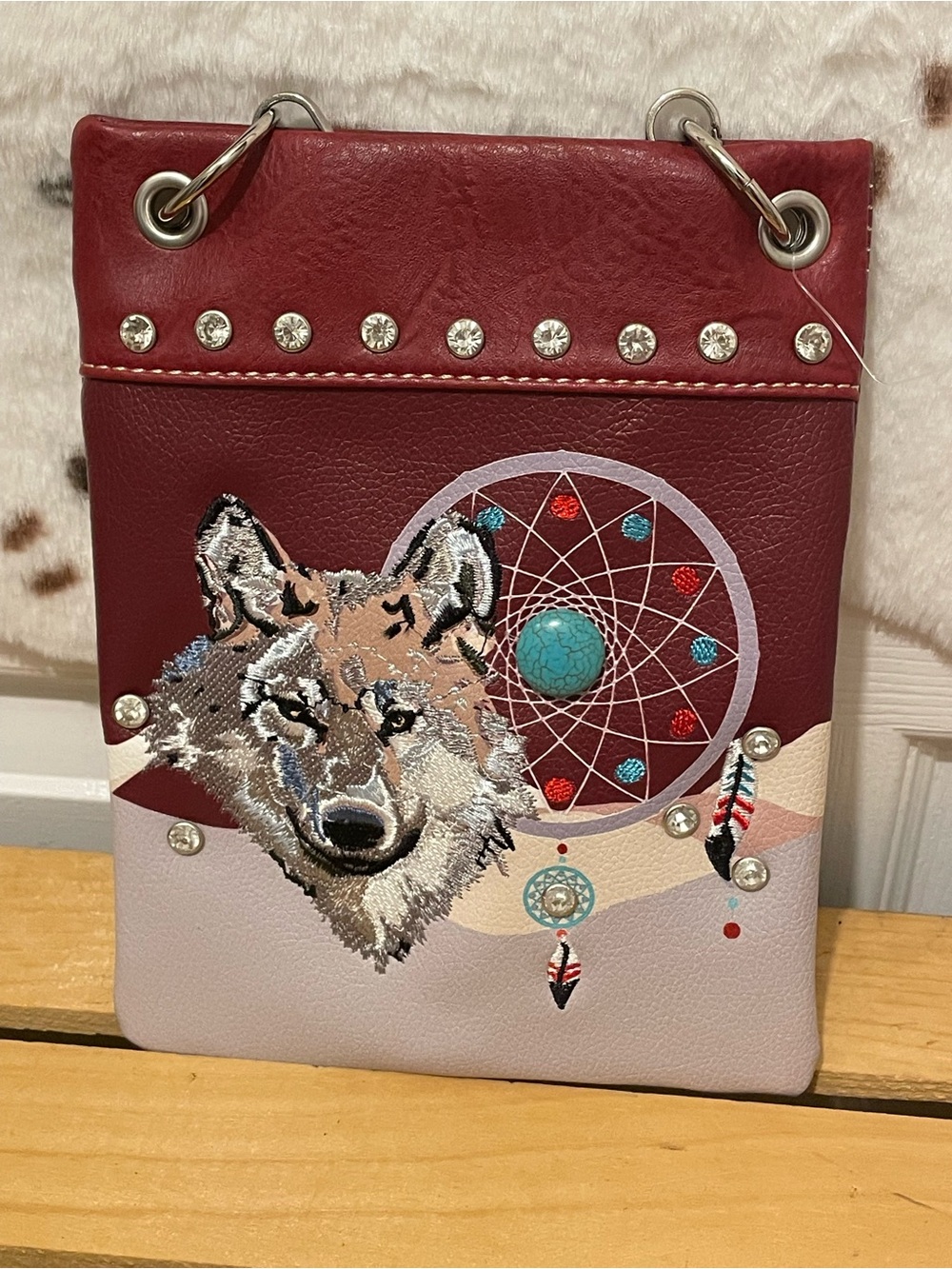 Wolf & Dreamcatcher Clutch Crossbody Bag in Burgundy and Taupe